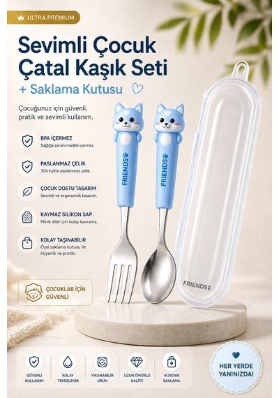 Mavi Renk Kedi Figürlü Premium Çocuk Bpa Free Paslanmaz Çelik Uçlu Çatal-kaşık Set 24+ Ay