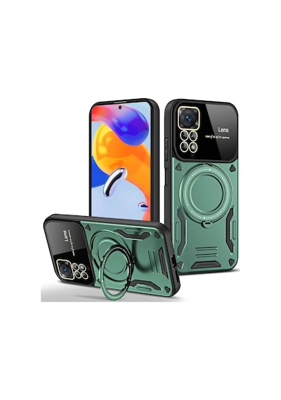 Xiaomi Redmi Note 11 Pro Uyumlu Kılıf Joy Lens Standlı Kapak - Koyu Yeşil