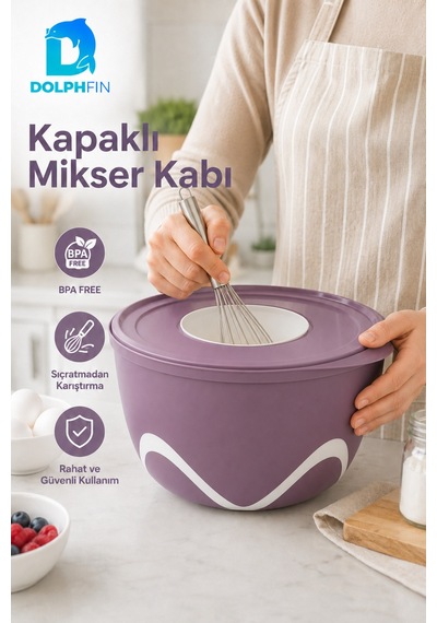 4 Litre Kapaklı Mikser Kabı Bpa İçermez Sıçratma Önleyici Hamur Yoğurma Kabı Mor