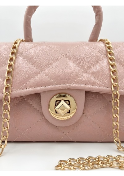 Satuna Parlak Kapitone Mini Çanta Astar Detaylı Zincir Askılı Kadın El Ve Omuz Çantası 19x12 Cm Pembe