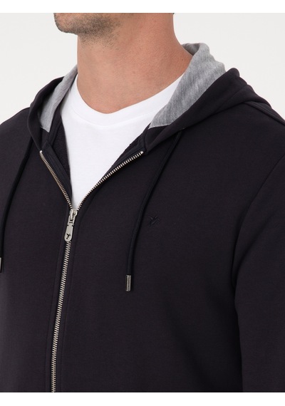 Lacivert Regular Fit Pamuk Karışımlı Tam Fermuarlı Kapüşonlu Sweatshirt
