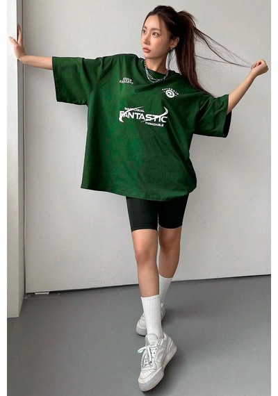Fantastic Baskılı Unisex Oversize Tshirt Yeşil