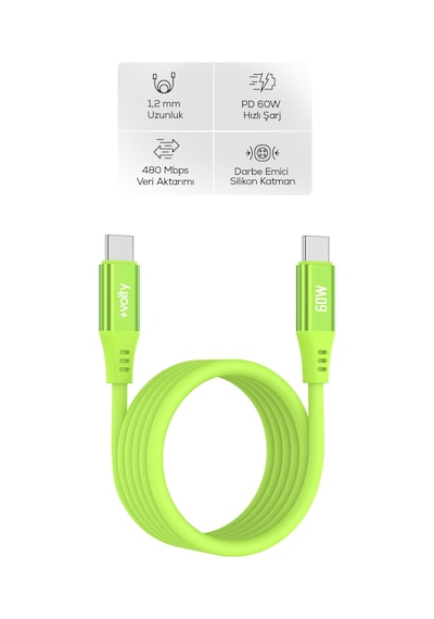 Type-c To Type-c Hızlı Şarj Kablosu 60w Pd, Ultra Esnek Silikon, 480mbps, 1.2m Yeşil-v0201017