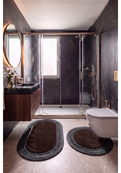 Banyo Paspası Takımı 60x100+60x60 Cm İç Trikot Acı Kahve & Antrasit Gri