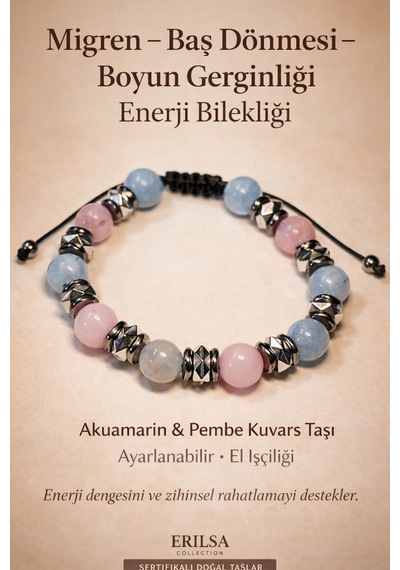 Sertifikalı Migren Baş Dönmesi Boyun Gerginliği  Bilekliği – Akuamarin - Pembe Kuvars Taşı