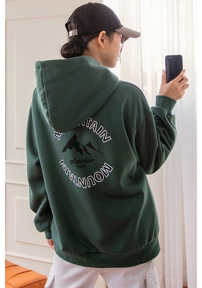 Unisex Montaın Baskılı Oversize Sweatshirt Siyah