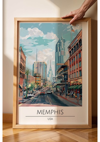 Abd Memphis Temalı Çerçeveli Tablo Travel Serisi Modern İllüstrasyon Şehir Duvar Dekoru Kayın