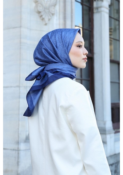 Eşarp - Premium Lux Original Monogram Eşarp İpek Vual, Yüksek Kalite, Hafif, Rahat, Şık, Scarf Mavi Lacivert Şeritli