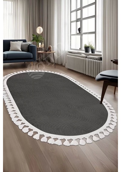 Avangard Oval Halı Sahra Antrasit Salon Koridor Antre Mutfak Halısı Silinebilir Saçaklı