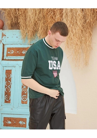 Barlashive Erkek Bisiklet Yaka Tişört Nakış İşlemeli Kısa Kol Oversize T-shirt - Yeşil Çok Renkli