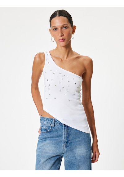 Koton Tek Omuz Atlet Kolsuz Taş İşlemeli Asimetrik Kesim Slim Fit Ekru 4sal30363ık Ekru