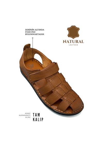 Sermoda %100 Hakiki Deri Burnu Kapalı Erkek Sandalet Şırıngıl Taba