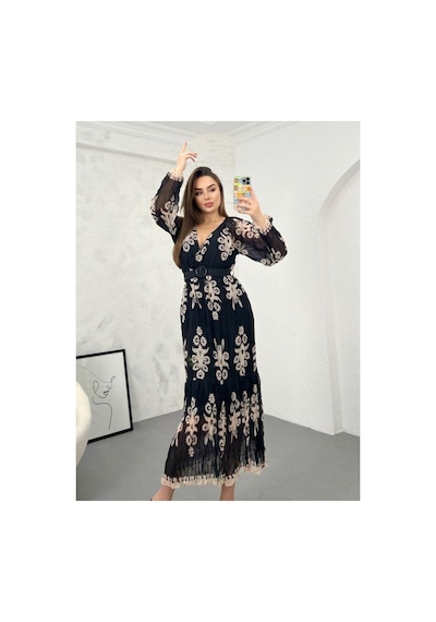 Çınar Boutique Şifon Bürümcük Elbise Siyah Siyah