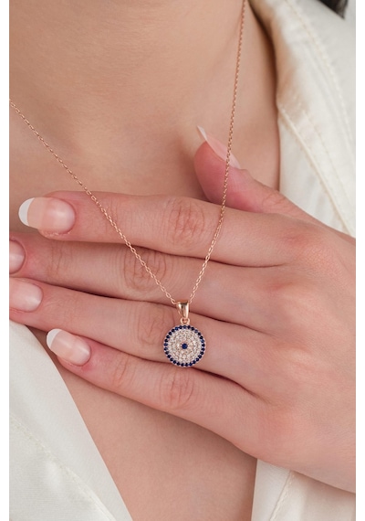 12 Mm Gümüş Rose Kaplama Nazar Boncuklu Boncuğu Zirkon Taşlı Mavi Göz Kolye