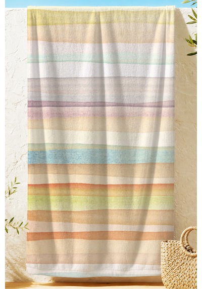 Çizgili Pastel Renkli Plaj Havlusu - Minimalist Sarı Mavi Çizgiler Hızlı Kuruyan Mikrofiber Havlu Serin Kumul