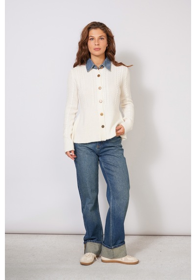 Denim Yaka Detaylı Peplum Triko Kazak Ekru