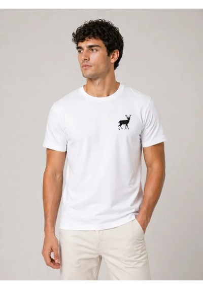 Efnaz Style Erkek Minimal Geyik Logolu Tişört Bisiklet Yaka Kısa Kol Yazlık T-shirt - Beyaz