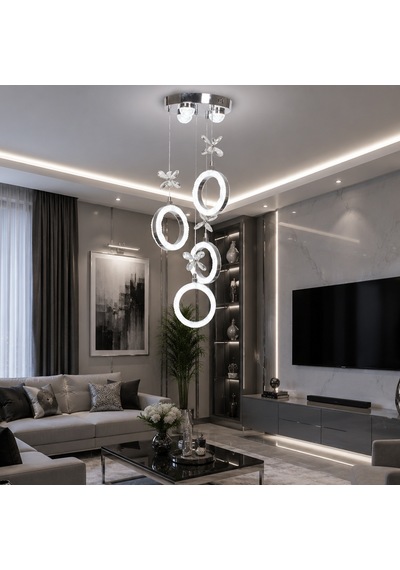 Tt804-3+1-kr Tt Aydınlatma Akrilik Kalın Halka 4 Lü Ledli Krom Kaplama 3 Renk Modüllü Ledli Avize