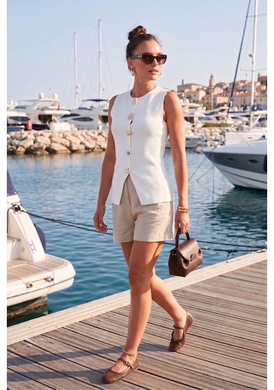 Lela Premium Regular Fit Bisiklet Yaka Düğme Detaylı Bayan Yelek 680Ye00043 Ekru