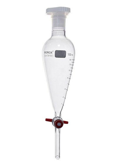 Borox Konik Tip Teflon Musluklu Tıpalı Hacim Ölçekli﻿﻿ Cam Ayırma Hunisi 100 ML