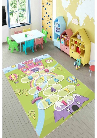 Yeşil Kaymaz Tabanlı Seksekli Oyun Halısı Çocuk Halısı Kd97n11