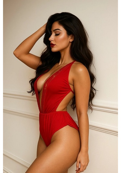 Ang Butik Kadın Kırmızı Dantelli Derin V Dekolteli Babydoll