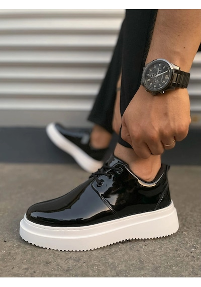Mevese Ornex Erkek Deri Görünümlü Bağcıklı Casual Sneaker Klasik Günlük Ayakkabı - Siyah Beyaz Rugan