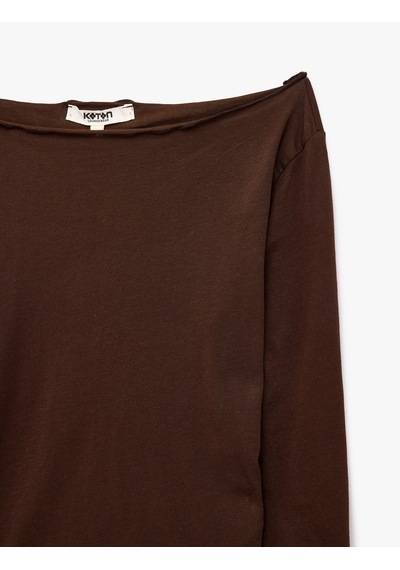 Koton Pamuklu Kayık Yaka Rahat Kesim Uzun Kollu Pijama Üstü Kahverengi 7wlk40279mk Kahve