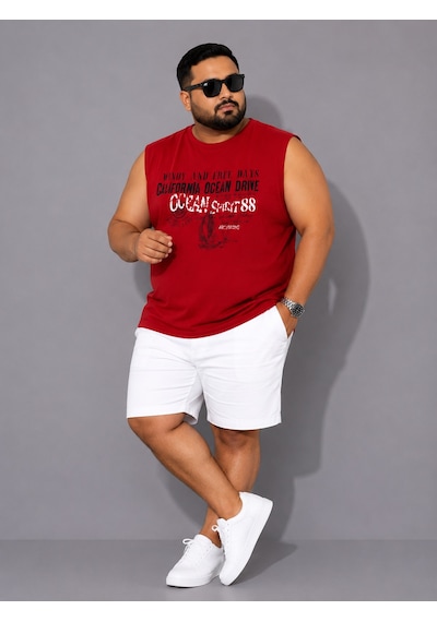 Büyük Beden Kolsuz Yuvarlak Yaka Baskılı Erkek Tishirt Atlet Kırmızı