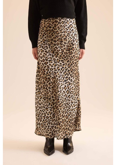 Defacto Straight Fit Normal Bel Leopar Desenli Saten Maxi Etek D6886axnser103 Ekru