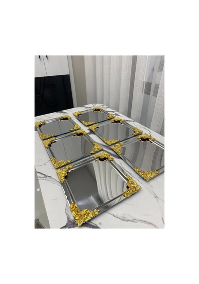 Gümüş Gold Detaylı 18/10 Çelik Kahve Sunum Tepsisi 6 Adet Gümüş
