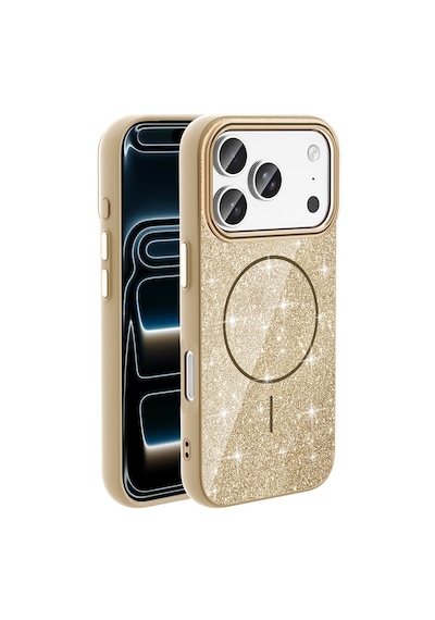 Apple, Uyumlu iPhone 17 Pro Kılıf M-safe Şarj Özellikli Parlayan Simli Zore Okso Kapak Gold