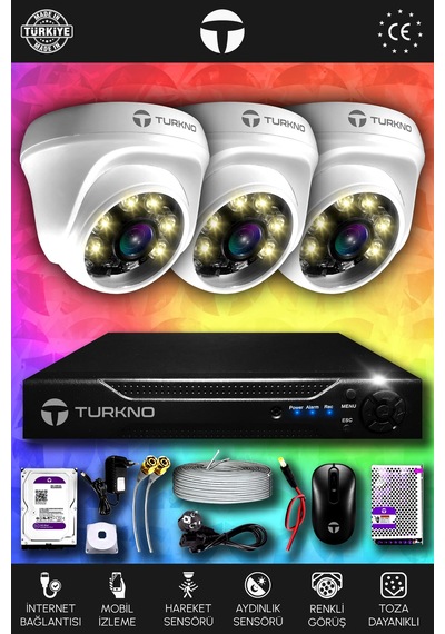 Turkno 3 Kameralı Domie 3 İç Kamera Set HDD'siz Full HD Renkli Gece Görüşlü Güvenlik Kamerası Sistemi