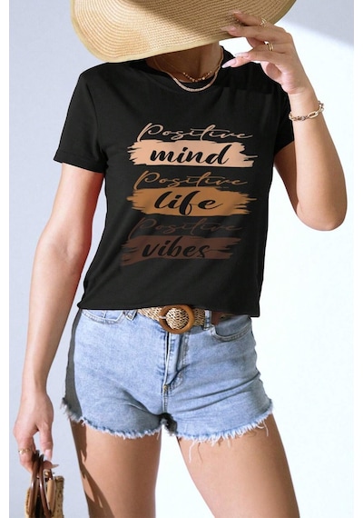 Unisex Mind Life Vibes Baskılı Oversize Tshirt Siyah