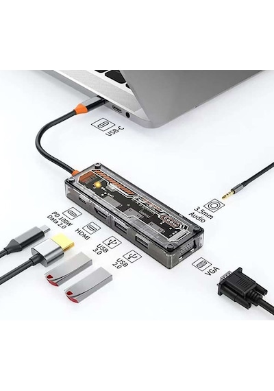 Ally 6in1 Type-c To Usb3.0 + Usb2.0 + Type-c Pd 100w + Hdmı + Vga + 3.5mm Çoğaltıc Transparanı Hub- 5775
