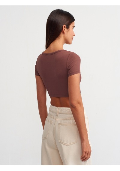 Dilvin Kısa Kollu Crop Top Kahve