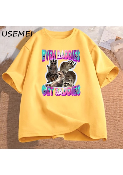 Flood Of Style Erkek Pamuk T-shirt Bile Baddies Olsun Saddies Rakun Komik Garip Belirli Meme Grafik Baskılı Sarı