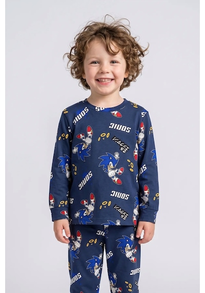 Zuzunga The Hedgehog Super Sonic Desenli %100 Pamuk Çocuk Pijama Takımı Lacivert