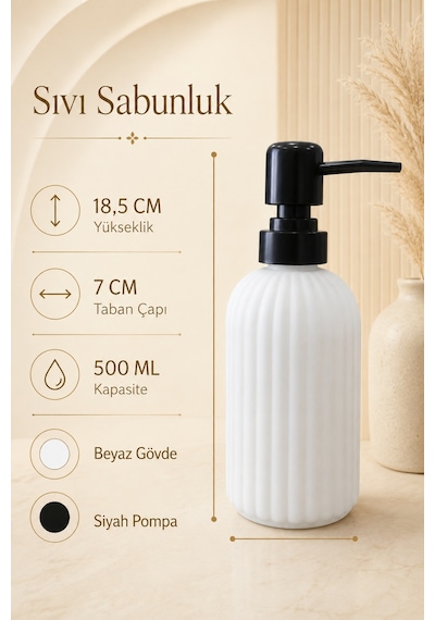 Vovy Çizgili Cam Sabunluk 500 Ml Siyah Pompalı Modern Sıvı Sabun Ve Deterjan Dispenseri - 18,5 Cm X 7 Cm Beyaz