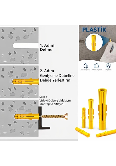 8 Mm Plastik Dişli Roket Dübel Sarı Güçlü Tutuş Tuğla & Beton Duvar Uyumlu 100 Adet