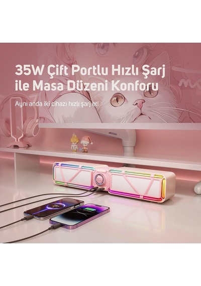 D-base 30w Masaüstü Bluetooth Gaming Hoparlör, Rgb Işıklı, Çift Portlu 35w Hızlı Şarj, Usb/aux/bluetooth6.0 Pembe