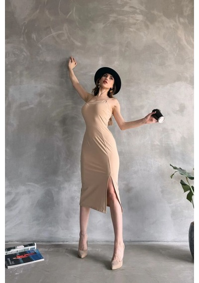 Nido Moda Kadın İp Askılı Yırtmaçlı Midi Dalgıç Elbise Bej