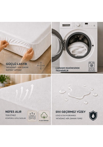 Sıvı Geçirmez / Ultra Sessiz / Fitted Yatak Alezi / %100 Pamuk Beyaz