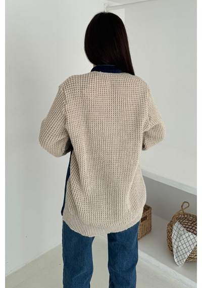 Femelle Bej Kolları Ve Sırtı Triko Kot Denim Oversize Hırka Cepli Standart Beden