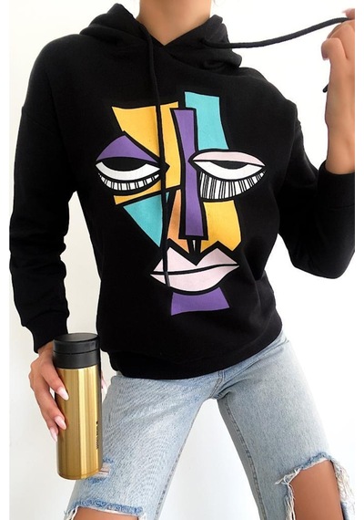 Femelle Kadın Yeni Sezon Karakter Baskılı Kapüşonlu Pamuklu Sweatshirt siyah