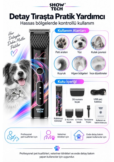 Showtech Expertino Şarjlı Kedi Köpek Pati Altı Ve Hijyen Tıraş Makinesi