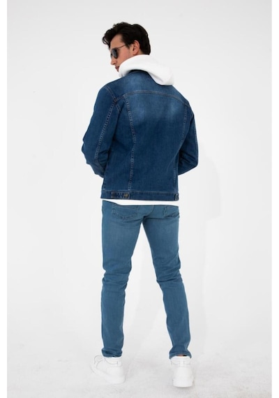 HLT Jeans Erkek Mavi Jean Denim Standart Kalıp Pamuk Cepli Düğmeli Kot Ceket 001