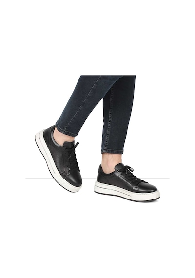 Erkek Siyah Baskılı Bağcıklı Kalın Tabanlı Deri Sneaker