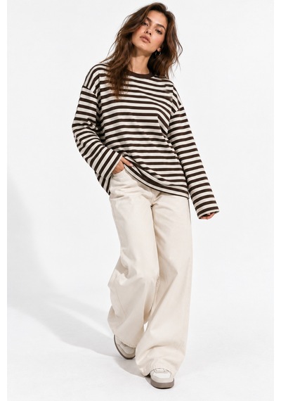 Wild Bee Kadın Kahverengi Krem Çizgili Pamuklu Bisiklet Yaka Oversize Bluz