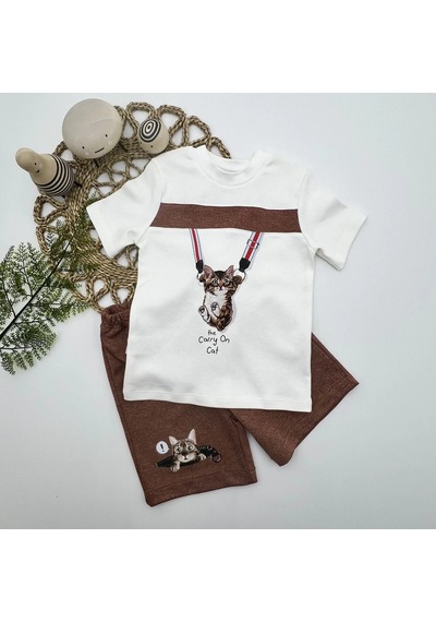 Pekminibebe 1-2-3 Yaş Fermuarlı Kedi Baskılı Şortlu Kısa Kollu Tişört 2li Erkek Bebek Takımı Kahverengi